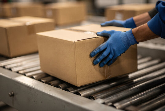 Worker in blue gloves handling a package on a conveyor belt