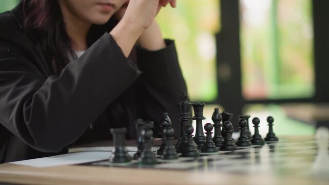 Close up of young woman playing chess moving black pieces on board. scene shows her focused expression and hand movements interacting with standard sized game components in soft natural