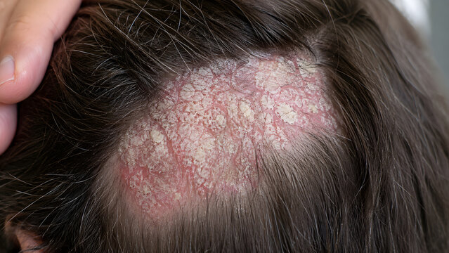 Close up of severe scalp psoriasis with red inflamed plaques and thick scales on human skin