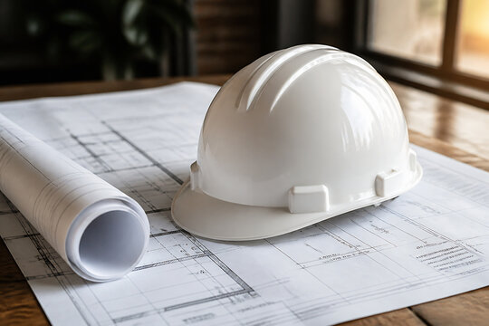 A white hard hat rests on architectural blueprints on a wooden desk indoors.