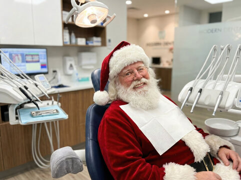 Santa Claus sitting in a modern dental clinic, smiling during a routine dental checkup. A festive Christmas concept combining holiday tradition, humor, healthcare, and oral hygiene.