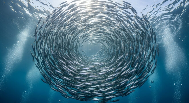 School of fish swimming in circle underwater with generated by AI with bait ball