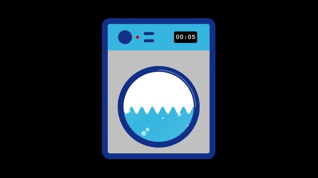 Washing Machine Cycle Animation with Water and Countdown Timer on Black Background