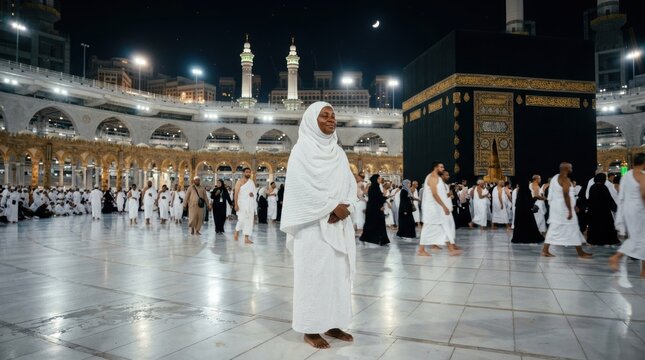 A female pilgrim in white attire circumambulating the Kaaba at night, representing faith and devotion in Mecca