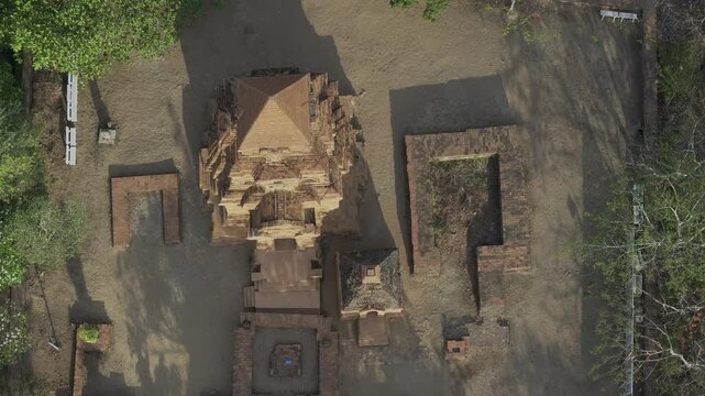 Aerial drone view of Po Sah Inu Cham Towers at sunrise in Phu Thuy, Lam Dong, Vietnam, highlighting ancient Cham architecture and cultural heritage in the morning light.