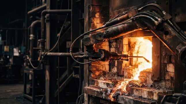 Robotic sampling arm beside a glowing furnace mouth with copper slag, pipes, and refractory bricks