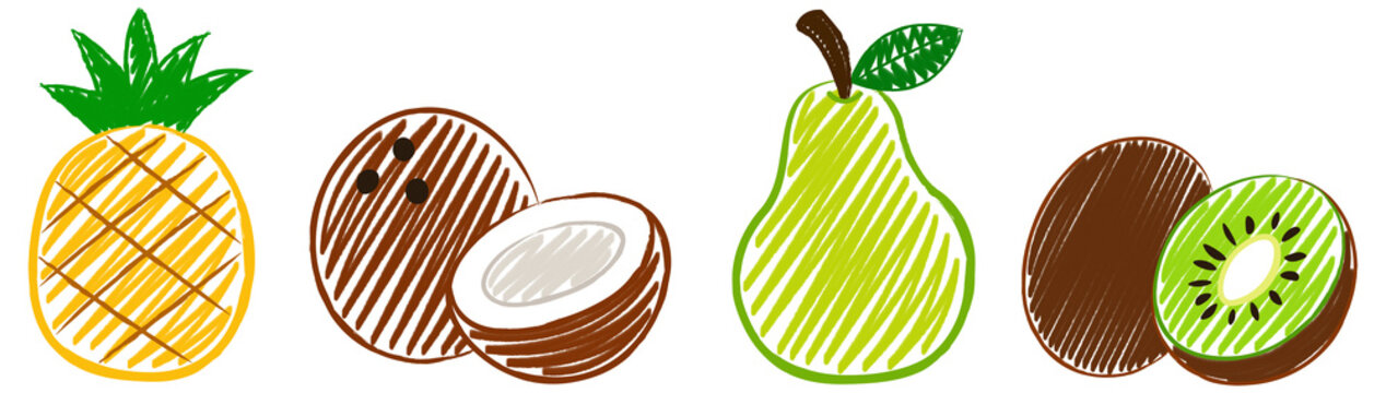 A set of children's marker drawings of tropical and garden fruits - pineapple, coconut, pear and kiwi, isolated on a transparent background