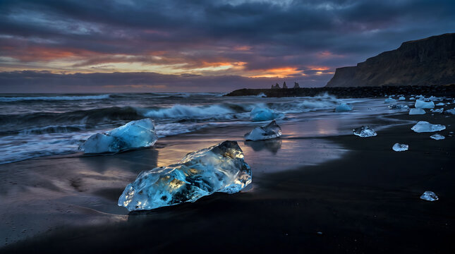 Ice chunks on black volcanic sand beach at diamond beach, iceland, during a dramatic sunset with dark clouds