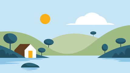 Fototapeta premium Peaceful blue lake landscape with a house by shore, round trees, and rolling green hills