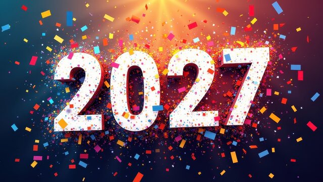 Glowing 2027 numbers exploding with colorful confetti, festive light bulb sign bursting with celebration, concept of new year, holiday, party