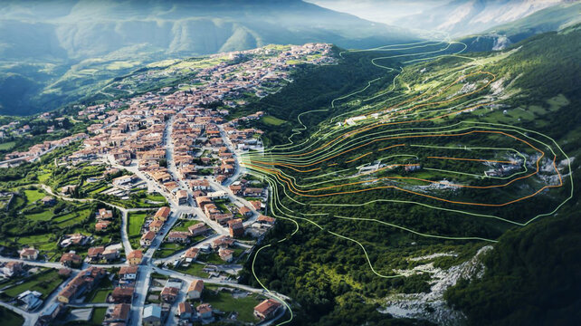 Aerial view of a European town nestled in a valley with contour lines overlaid on hills village
