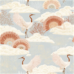 Naklejka premium Scandinavian Japanese fusion pattern with elegant cranes, soft clouds, and decorative fans pastel tones creating calm