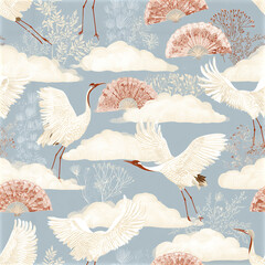 Naklejka premium Cranes flying among clouds with decorative fans and delicate botanical elements soft pastel colors creating serene atmosphere