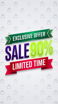 Exclusive offer sale 90% limited time, symbolizing discount, promotion, and retail opportunity with shopping bag pattern background.
