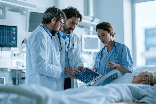 Collaborative medical team at the bedside in a hospital room
