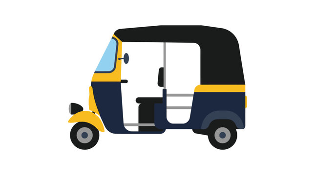 Blue and yellow motorized rickshaw taxi parked for city travel shown in a flat vector style