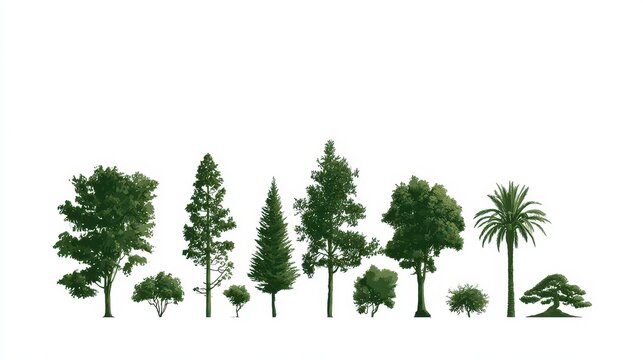 Collection of evergreen and deciduous tree forms on a white background