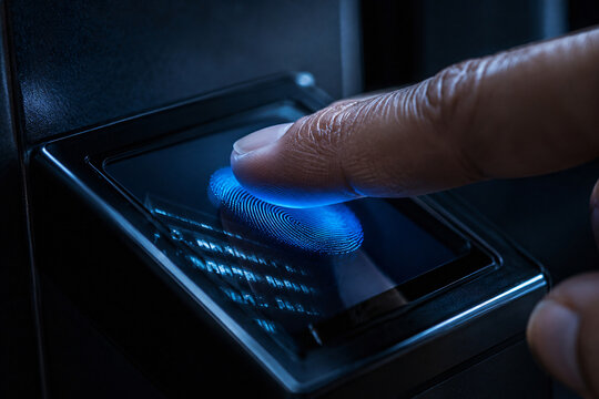 Close-up of a finger being scanned by a biometric fingerprint reader on a modern electronic device