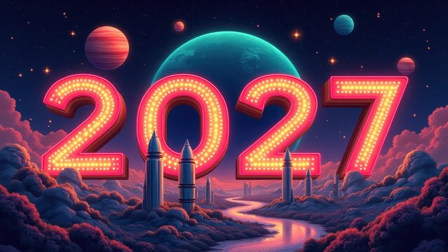 Rockets launching beside neon new year 2027 text, glowing sign in space with planets and clouds, concept of celebration, holiday, party