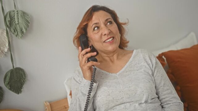 Woman holding telephone to ear on bed in building, smiling and sitting against orange cushion with macrame wall decor; contentment connection warmth.