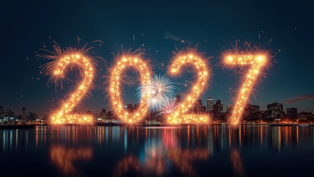 Fireworks forming 2027 numbers above city skyline, glowing sparkler display reflected on waterfront, concept of new year, celebration, holiday