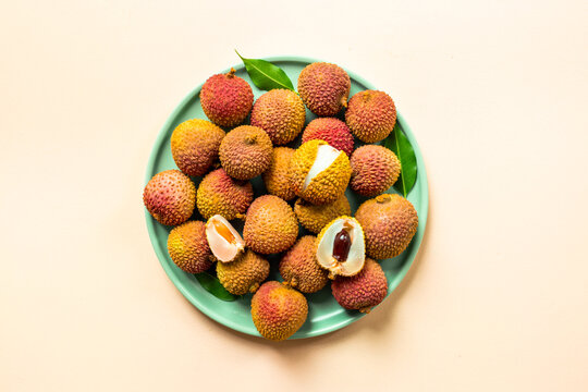 Plate of exotic lychee fruit, top view. Healthy vegetarian meal ready to eat