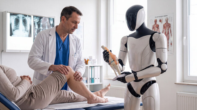 Robot Doctor in a Medical Exam: A doctor examines a patient's knee while a humanoid robot holds a prosthetic joint model, showcasing advanced medical technology and futuristic healthcare.
