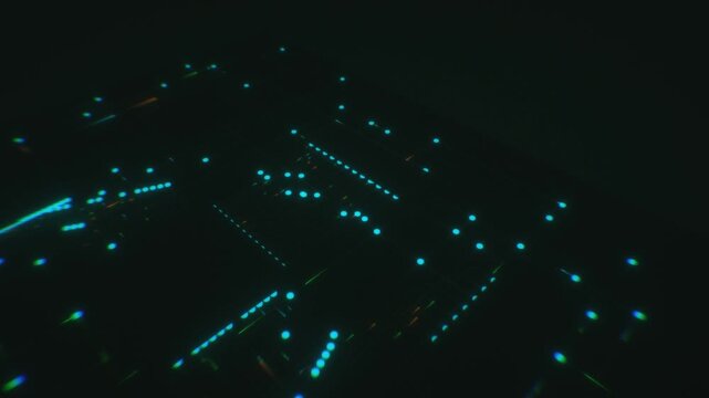 Datacenter motherboard nodes pulse cyan and green data signals across a 3D animation perspective grid for AI model training clusters