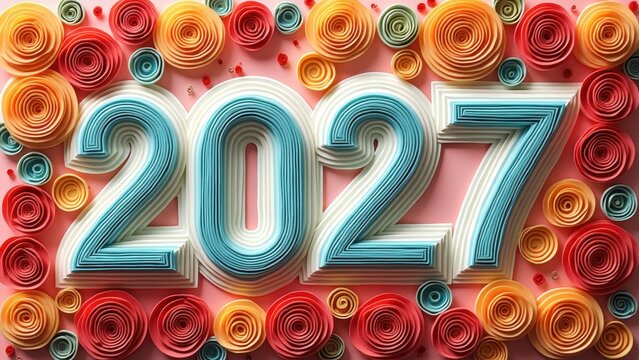 Quilled paper 2027 numbers framed by colorful flowers, handmade craft new year design with rolled roses, concept of new year, greeting card, craft