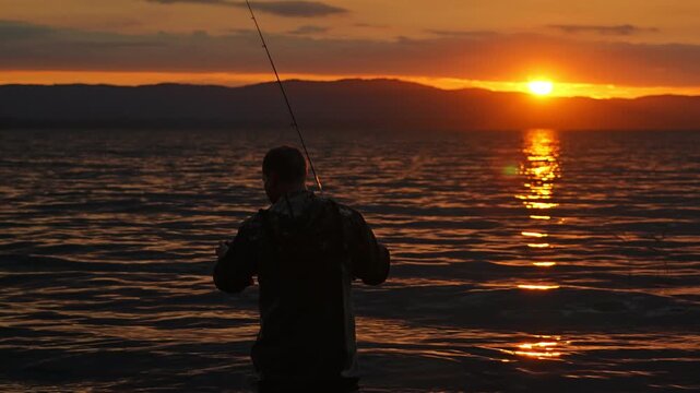 Male fisherman, tourist, fishing by spinning on the lake at sunset. He releases the small fish he has caught. Outdoor recreation and a healthy lifestyle. Beautiful landscape view.
