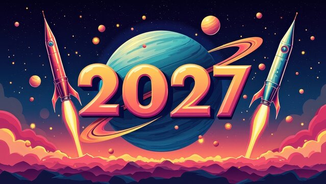 Rocket blasting through neon 2027 numbers in space, colorful launch above clouds with planets, concept of new year, celebration, technology