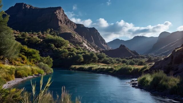 Mountain River Canyon Landscape with Rugged Cliffs, Green Vegetation, Blue Water and Dramatic Clouds