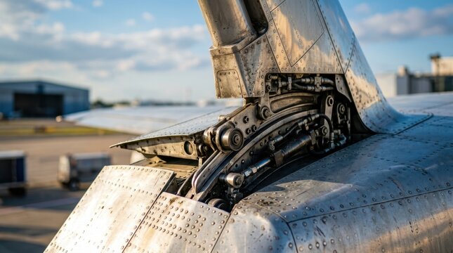 Aircraft wing flap mechanism with riveted aluminum skin and engine pylon, highlighting aerospace structure and maintenance detail.