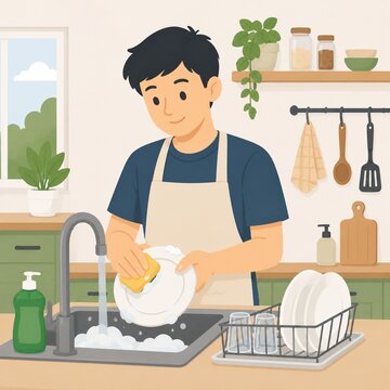 Man washing dishes in kitchen sink, household cleaning routine and home lifestyle flat vector illustration. 