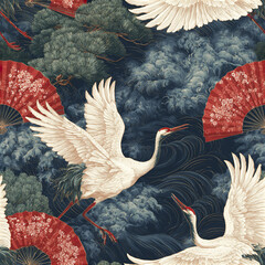 Fototapeta premium Japanese crane pattern with elegant white birds, red fans, and pine tree branches creating serene and artistic design