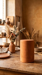 Fototapeta premium Rustic terracotta cylinder on wooden table with dried flowers, a showcase for earth tones, natural textures, and artisanal craft concepts