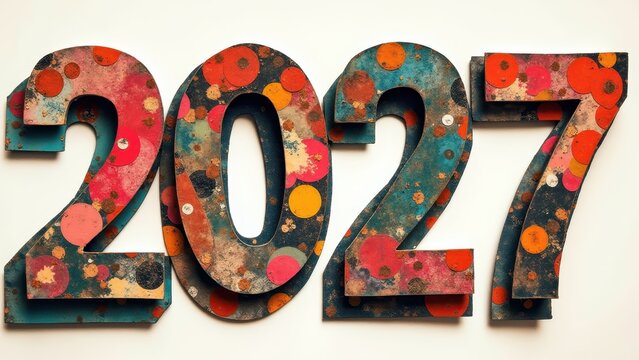 Collage cutout magazine style New Year poster with 2027 text, mixed media textures colorful eclectic trendy, bold layered composition stunning beautiful, collage art style