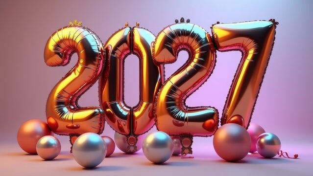 3D metallic balloons New Year 2027 numbers floating, chrome reflective spheres colorful glossy trendy, festive 3D composition vibrant gorgeous, balloon render style