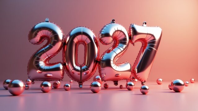 3D metallic balloons New Year 2027 numbers floating, chrome reflective spheres colorful glossy trendy, festive 3D composition vibrant gorgeous, balloon render style