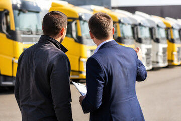 Fototapeta premium Two businessmen in suits are standing and talking while looking at a document, with a line of yellow and white trucks parked in the background.