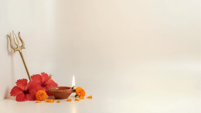 Navratri festival setup with trident hibiscus flowers and burning diya lamp
