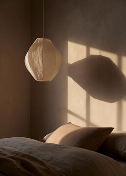 Bedroom with a bed in the foreground. the bed has a beige comforter and two beige pillows. above the bed, there is a white pendant light hanging from the ceiling.