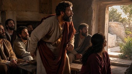 Fototapeta premium Woman telling apostles about empty tomb of Jesus. Men reacting to news of resurrection. Biblical scene of Easter morning. Faith, gospel and Christianity concept.