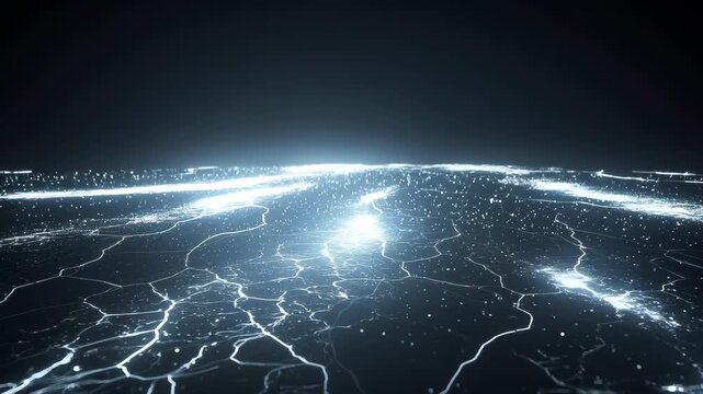 Glowing Digital Network Grid Across Futuristic Landscape with Luminous Light Trails