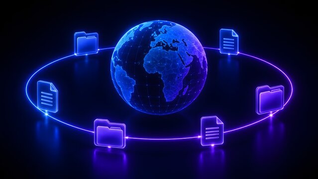 Futuristic glowing wireframe earth globe with digital folders and documents connected by neon orbit lines for global data transfer concepts