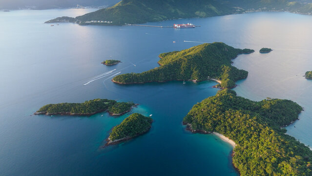 Aerial view of the tropical beach with clean water on the island of Ilha Grande in Brazil