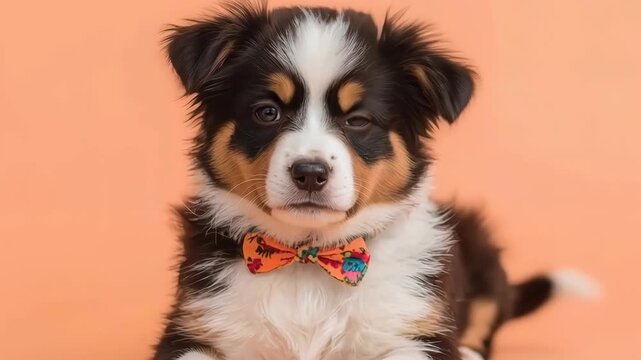 Australian Shepherd Puppy Dog Wearing Colorful Bow Tie Portrait on Peach Background