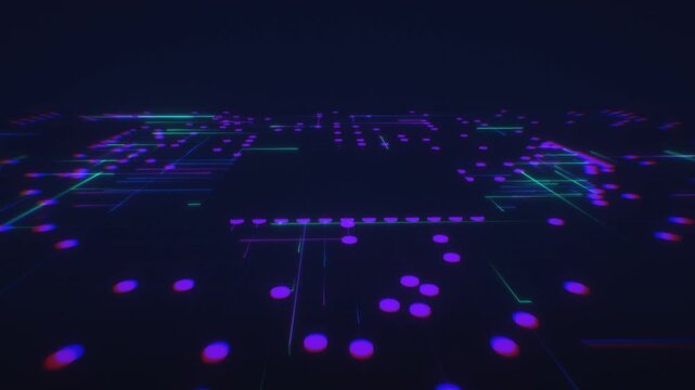 Semiconductor chip nodes transmit glowing purple signals across a motherboard in a futuristic 3D animation tailored for computing video backgrounds