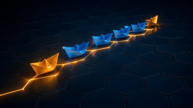 Glowing golden paper boat leading blue boats on a futuristic hexagonal grid representing digital business leadership and technology strategy