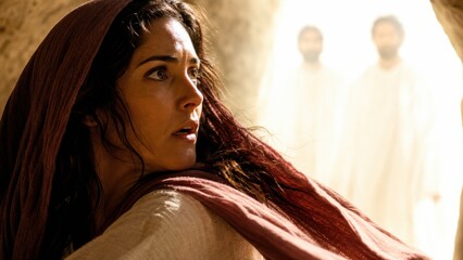 Naklejka premium Woman in biblical veil turning to radiant light where two angelic men in white robes appear at empty tomb. Resurrection morning, Easter story, faith and divine revelation concept.
